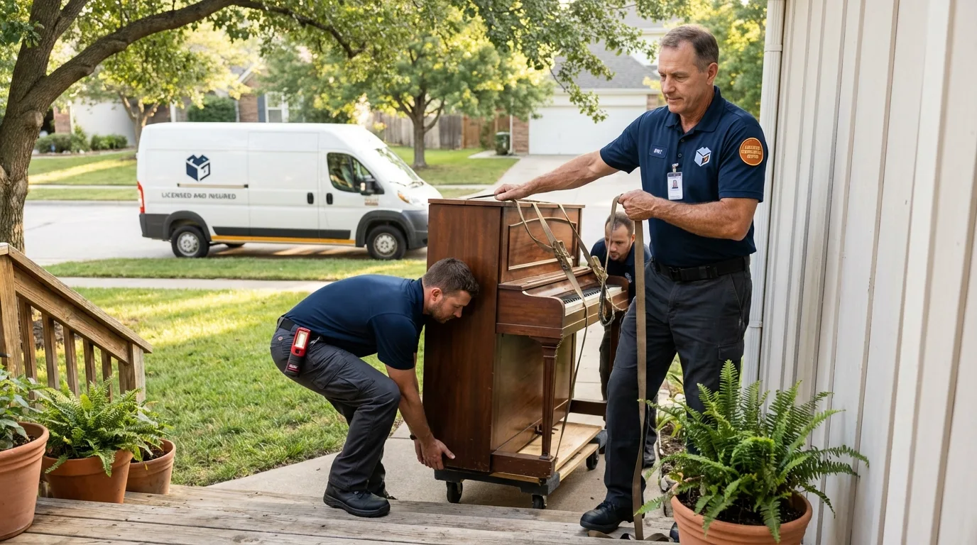 Licensed piano movers securing grand piano in Lebanon, OH