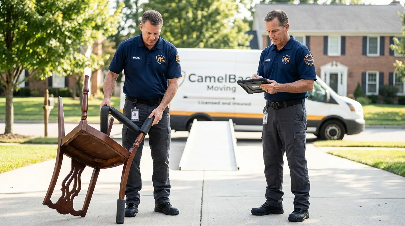 Movers inspecting furniture for damage prevention before loading in Lebanon, OH