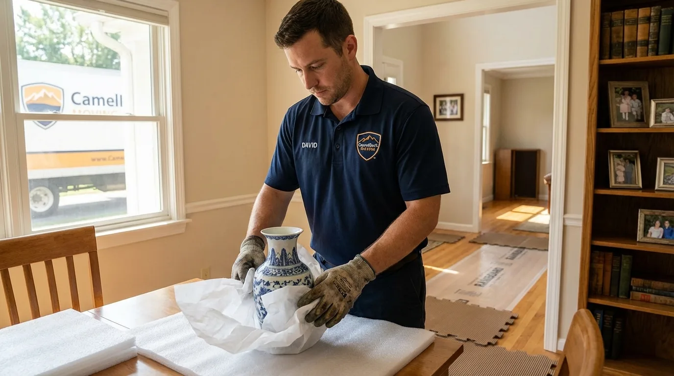 Professional crew carefully wrapping antique vase for senior downsizing move in Lebanon, OH